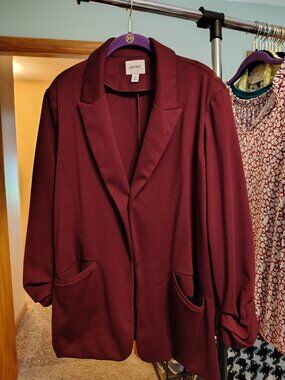 Nine West XXL Burgundy Longline Blazer Ruched Sleeve Career Jacket